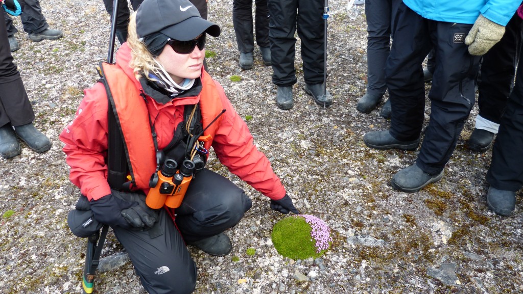 來自英國的專業(yè)領(lǐng)隊(duì)Erin 給同學(xué)們講解植物。她說：開花的一面是向陽的一面，在野外沒有GPS的情況下，可以用這種花來識(shí)別方向。（劉麗攝）