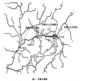 圖2 靈渠的位置，靈渠周圍水系，以及湘江與漓江的分水嶺